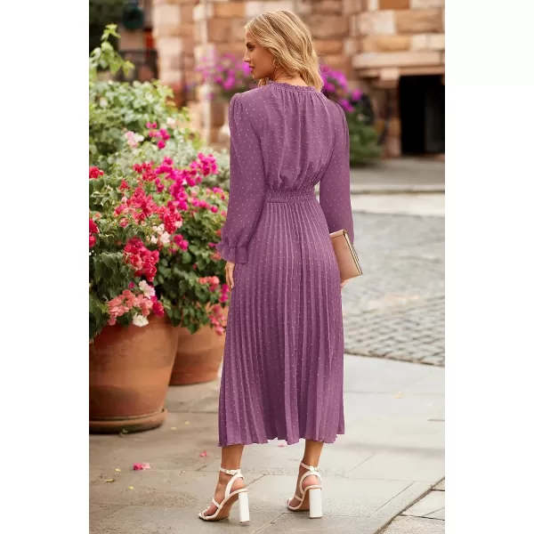 imagePRETTYGARDEN Womens 2023 Fall Midi Dress Casual Long Sleeve V Neck Swiss Dot Pleated A Line Flowy DressesPurple