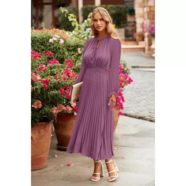 imagePRETTYGARDEN Womens 2023 Fall Midi Dress Casual Long Sleeve V Neck Swiss Dot Pleated A Line Flowy DressesPurple