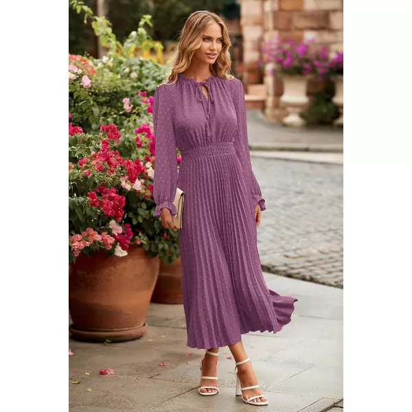 imagePRETTYGARDEN Womens 2023 Fall Midi Dress Casual Long Sleeve V Neck Swiss Dot Pleated A Line Flowy DressesPurple