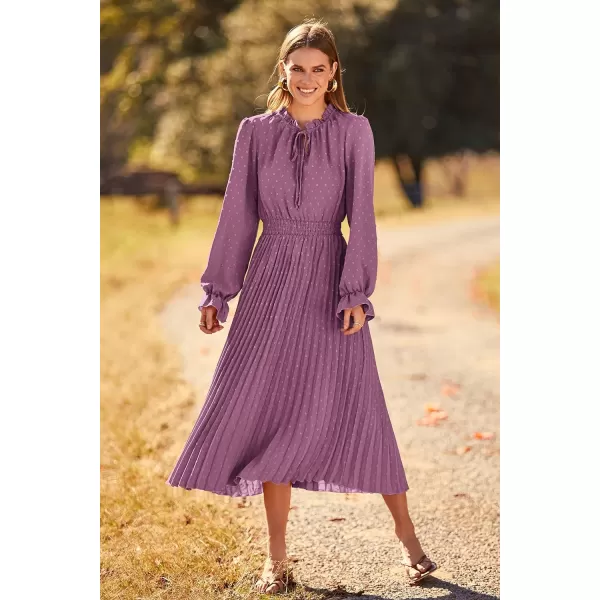 imagePRETTYGARDEN Womens 2023 Fall Midi Dress Casual Long Sleeve V Neck Swiss Dot Pleated A Line Flowy DressesPurple
