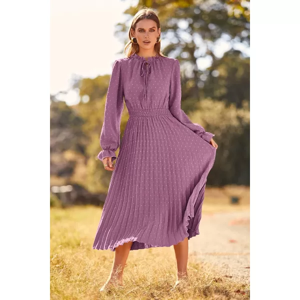 imagePRETTYGARDEN Womens 2023 Fall Midi Dress Casual Long Sleeve V Neck Swiss Dot Pleated A Line Flowy DressesPurple