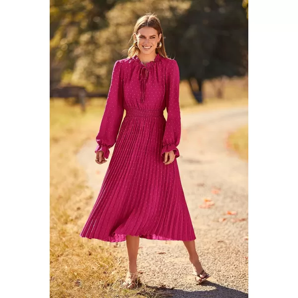 imagePRETTYGARDEN Womens 2023 Fall Midi Dress Casual Long Sleeve V Neck Swiss Dot Pleated A Line Flowy DressesRose Red