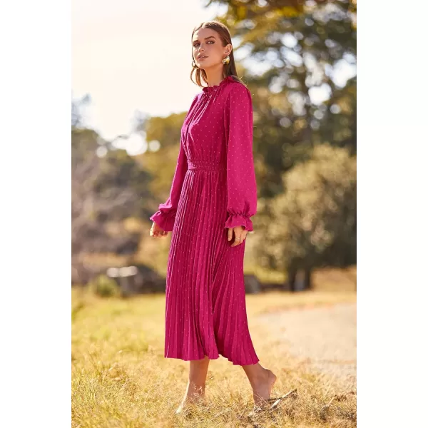 imagePRETTYGARDEN Womens 2023 Fall Midi Dress Casual Long Sleeve V Neck Swiss Dot Pleated A Line Flowy DressesRose Red
