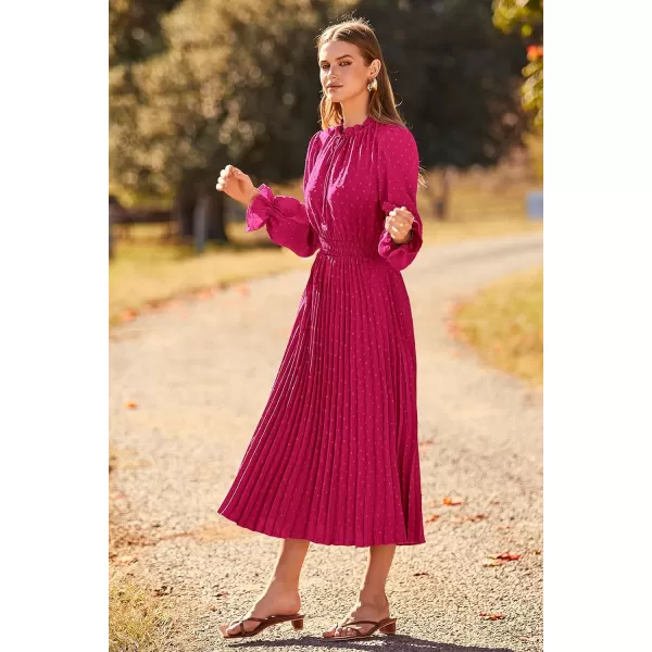 imagePRETTYGARDEN Womens 2023 Fall Midi Dress Casual Long Sleeve V Neck Swiss Dot Pleated A Line Flowy DressesRose Red