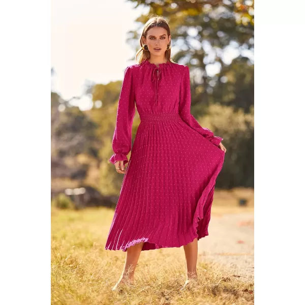 imagePRETTYGARDEN Womens 2023 Fall Midi Dress Casual Long Sleeve V Neck Swiss Dot Pleated A Line Flowy DressesRose Red
