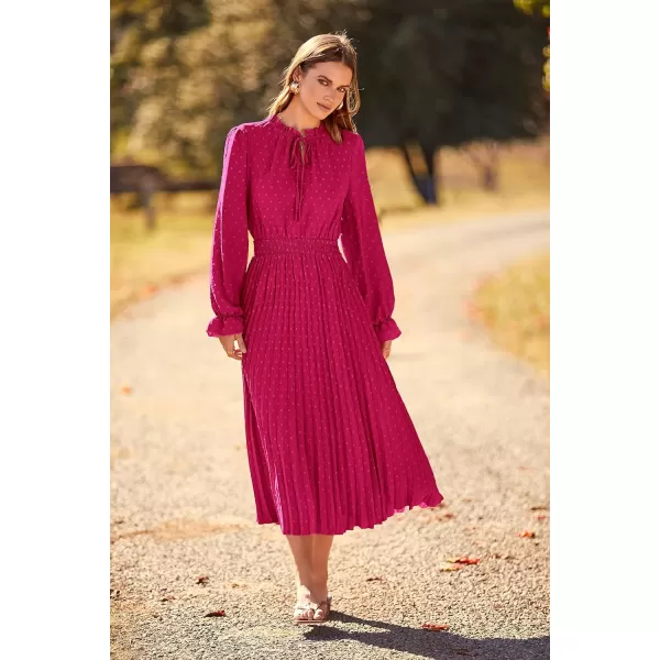 imagePRETTYGARDEN Womens 2023 Fall Midi Dress Casual Long Sleeve V Neck Swiss Dot Pleated A Line Flowy DressesRose Red