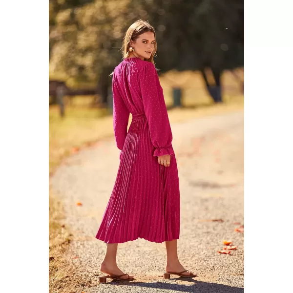 imagePRETTYGARDEN Womens 2023 Fall Midi Dress Casual Long Sleeve V Neck Swiss Dot Pleated A Line Flowy DressesRose Red