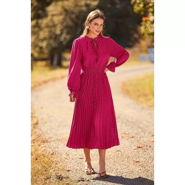 imagePRETTYGARDEN Womens 2023 Fall Midi Dress Casual Long Sleeve V Neck Swiss Dot Pleated A Line Flowy DressesRose Red