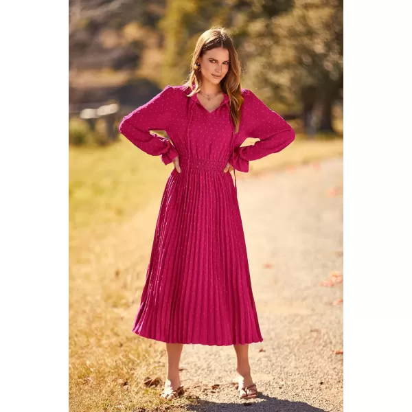 imagePRETTYGARDEN Womens 2023 Fall Midi Dress Casual Long Sleeve V Neck Swiss Dot Pleated A Line Flowy DressesRose Red