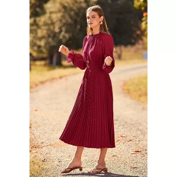 imagePRETTYGARDEN Womens 2023 Fall Midi Dress Casual Long Sleeve V Neck Swiss Dot Pleated A Line Flowy DressesWine Red