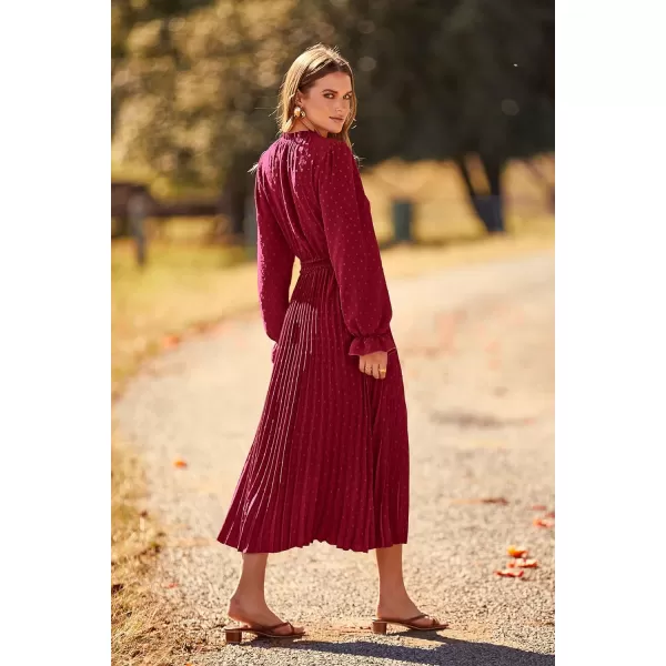 imagePRETTYGARDEN Womens 2023 Fall Midi Dress Casual Long Sleeve V Neck Swiss Dot Pleated A Line Flowy DressesWine Red