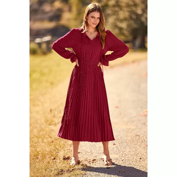 imagePRETTYGARDEN Womens 2023 Fall Midi Dress Casual Long Sleeve V Neck Swiss Dot Pleated A Line Flowy DressesWine Red