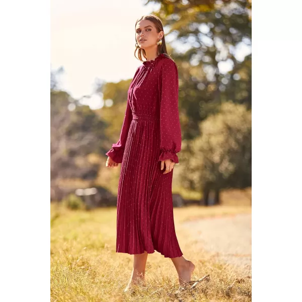 imagePRETTYGARDEN Womens 2023 Fall Midi Dress Casual Long Sleeve V Neck Swiss Dot Pleated A Line Flowy DressesWine Red