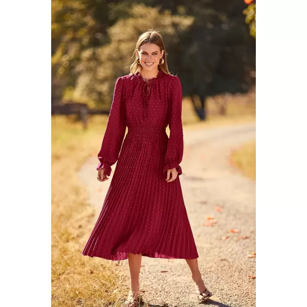 imagePRETTYGARDEN Womens 2023 Fall Midi Dress Casual Long Sleeve V Neck Swiss Dot Pleated A Line Flowy DressesWine Red