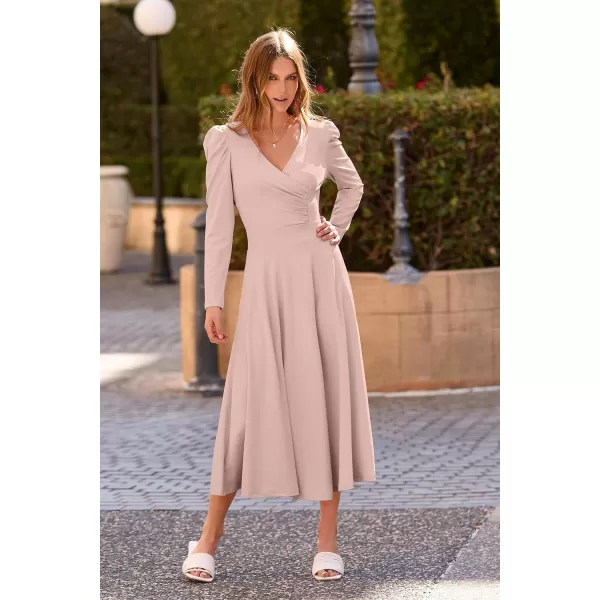 imagePRETTYGARDEN Womens 2023 Fall Midi Dress Puff Long Sleeve Wrap V Neck A Line Flowy Casual Elegant Cocktail Party DressesApricot