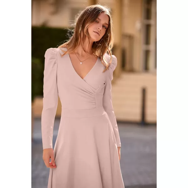 imagePRETTYGARDEN Womens 2023 Fall Midi Dress Puff Long Sleeve Wrap V Neck A Line Flowy Casual Elegant Cocktail Party DressesApricot
