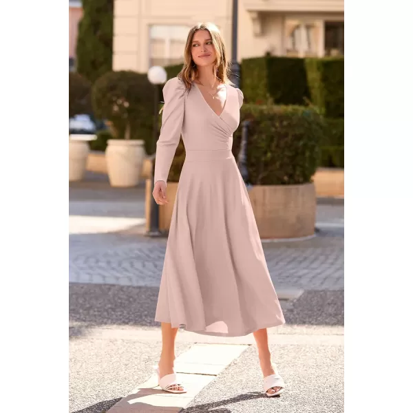 imagePRETTYGARDEN Womens 2023 Fall Midi Dress Puff Long Sleeve Wrap V Neck A Line Flowy Casual Elegant Cocktail Party DressesApricot