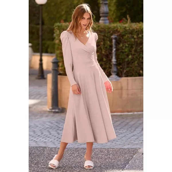 imagePRETTYGARDEN Womens 2023 Fall Midi Dress Puff Long Sleeve Wrap V Neck A Line Flowy Casual Elegant Cocktail Party DressesApricot