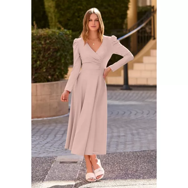 imagePRETTYGARDEN Womens 2023 Fall Midi Dress Puff Long Sleeve Wrap V Neck A Line Flowy Casual Elegant Cocktail Party DressesApricot