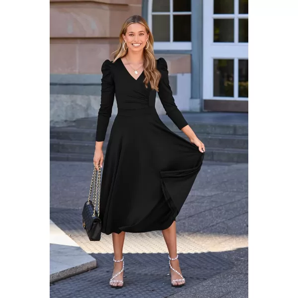 imagePRETTYGARDEN Womens 2023 Fall Midi Dress Puff Long Sleeve Wrap V Neck A Line Flowy Casual Elegant Cocktail Party DressesBlack