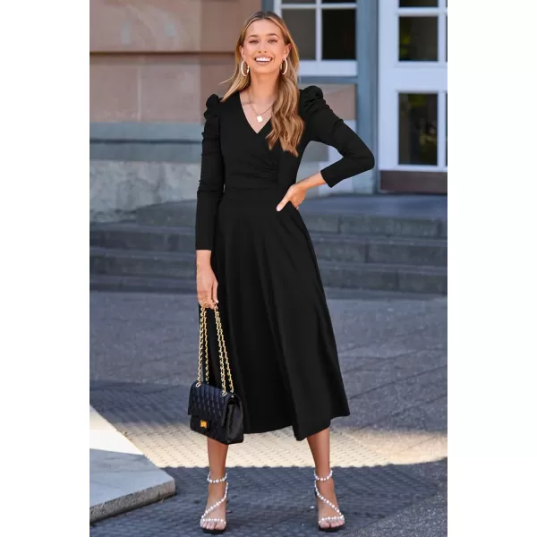 imagePRETTYGARDEN Womens 2023 Fall Midi Dress Puff Long Sleeve Wrap V Neck A Line Flowy Casual Elegant Cocktail Party DressesBlack