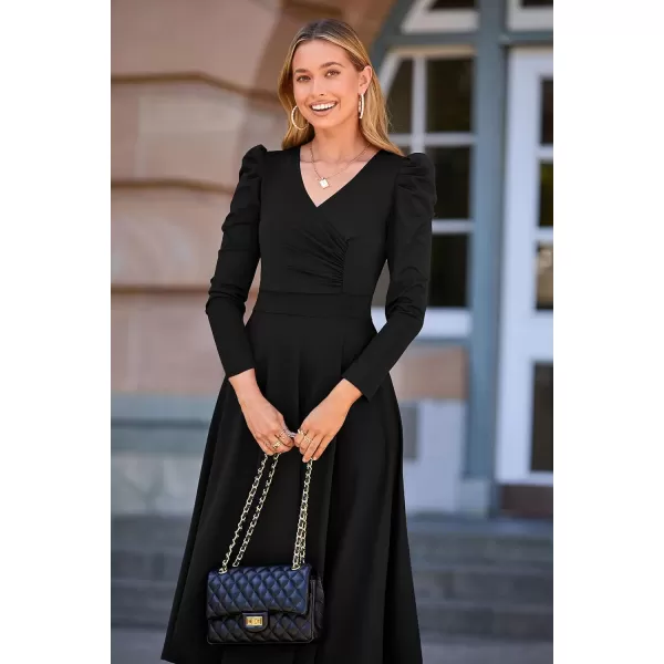 imagePRETTYGARDEN Womens 2023 Fall Midi Dress Puff Long Sleeve Wrap V Neck A Line Flowy Casual Elegant Cocktail Party DressesBlack