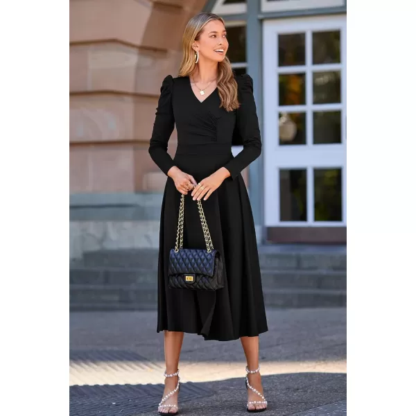 imagePRETTYGARDEN Womens 2023 Fall Midi Dress Puff Long Sleeve Wrap V Neck A Line Flowy Casual Elegant Cocktail Party DressesBlack
