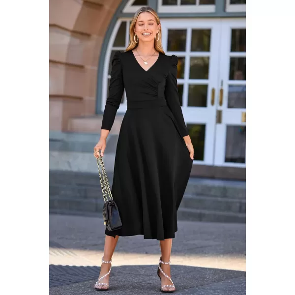 imagePRETTYGARDEN Womens 2023 Fall Midi Dress Puff Long Sleeve Wrap V Neck A Line Flowy Casual Elegant Cocktail Party DressesBlack