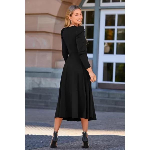 imagePRETTYGARDEN Womens 2023 Fall Midi Dress Puff Long Sleeve Wrap V Neck A Line Flowy Casual Elegant Cocktail Party DressesBlack
