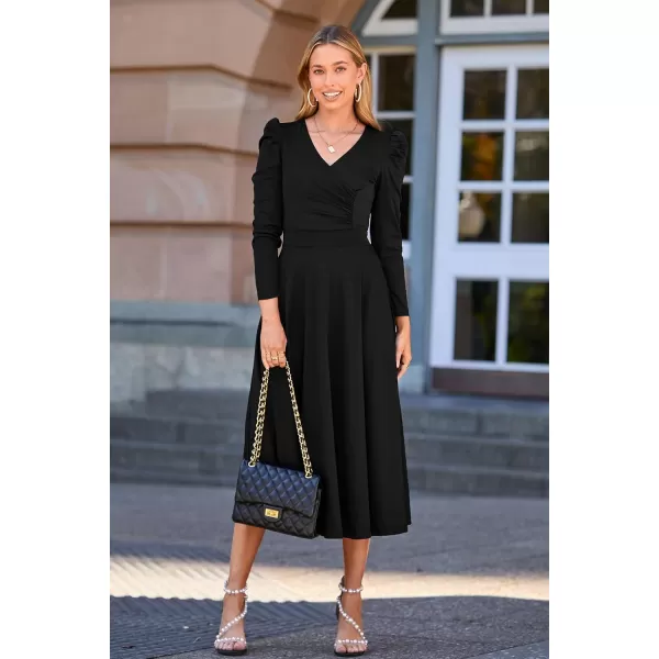 imagePRETTYGARDEN Womens 2023 Fall Midi Dress Puff Long Sleeve Wrap V Neck A Line Flowy Casual Elegant Cocktail Party DressesBlack