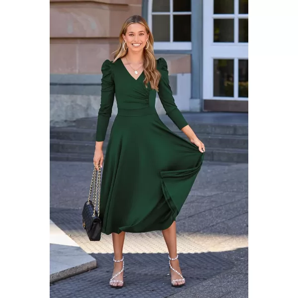 imagePRETTYGARDEN Womens 2023 Fall Midi Dress Puff Long Sleeve Wrap V Neck A Line Flowy Casual Elegant Cocktail Party DressesDark Green
