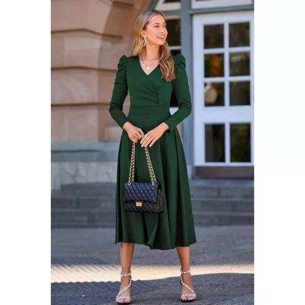 imagePRETTYGARDEN Womens 2023 Fall Midi Dress Puff Long Sleeve Wrap V Neck A Line Flowy Casual Elegant Cocktail Party DressesDark Green