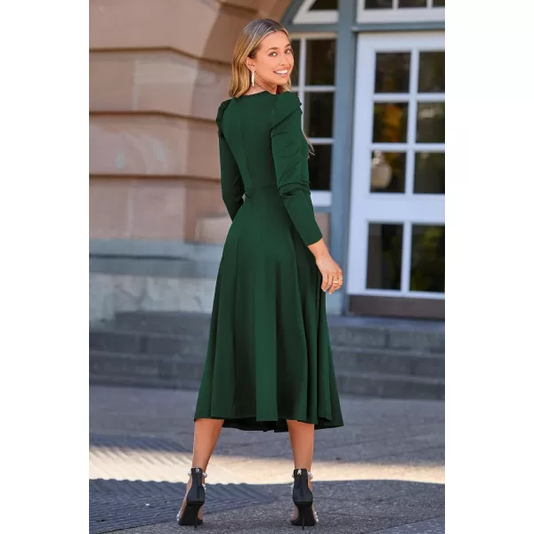 imagePRETTYGARDEN Womens 2023 Fall Midi Dress Puff Long Sleeve Wrap V Neck A Line Flowy Casual Elegant Cocktail Party DressesDark Green
