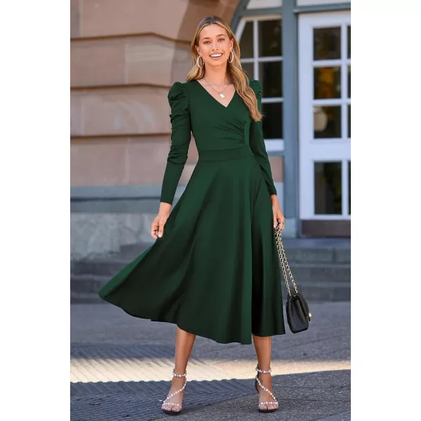 imagePRETTYGARDEN Womens 2023 Fall Midi Dress Puff Long Sleeve Wrap V Neck A Line Flowy Casual Elegant Cocktail Party DressesDark Green