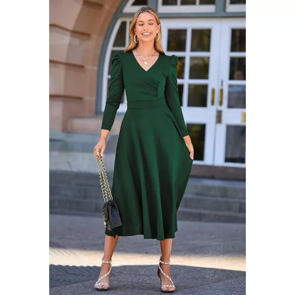imagePRETTYGARDEN Womens 2023 Fall Midi Dress Puff Long Sleeve Wrap V Neck A Line Flowy Casual Elegant Cocktail Party DressesDark Green