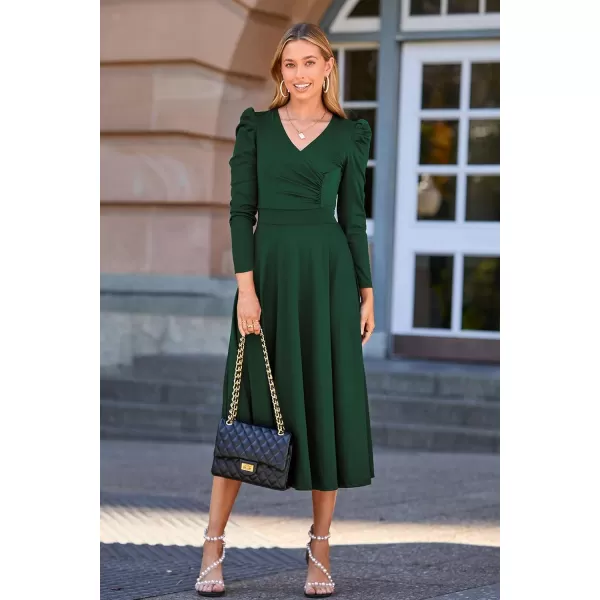 imagePRETTYGARDEN Womens 2023 Fall Midi Dress Puff Long Sleeve Wrap V Neck A Line Flowy Casual Elegant Cocktail Party DressesDark Green