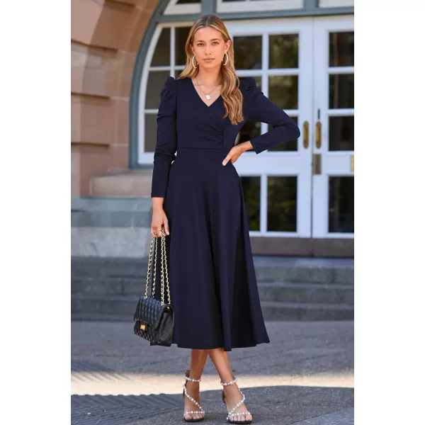 imagePRETTYGARDEN Womens 2023 Fall Midi Dress Puff Long Sleeve Wrap V Neck A Line Flowy Casual Elegant Cocktail Party DressesNavy