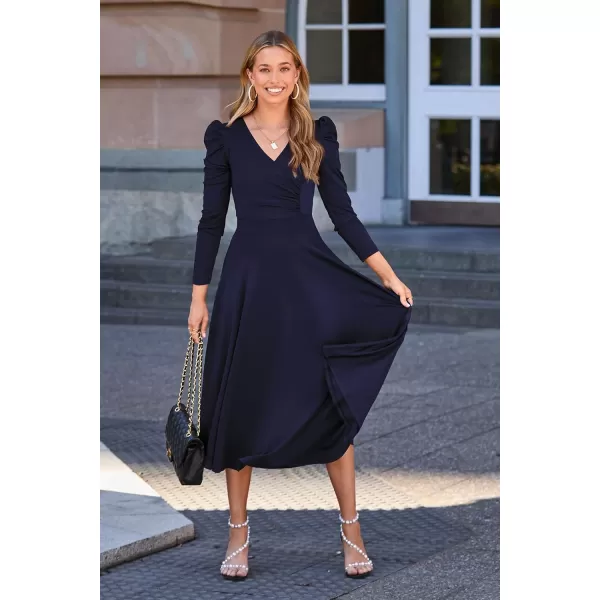 imagePRETTYGARDEN Womens 2023 Fall Midi Dress Puff Long Sleeve Wrap V Neck A Line Flowy Casual Elegant Cocktail Party DressesNavy