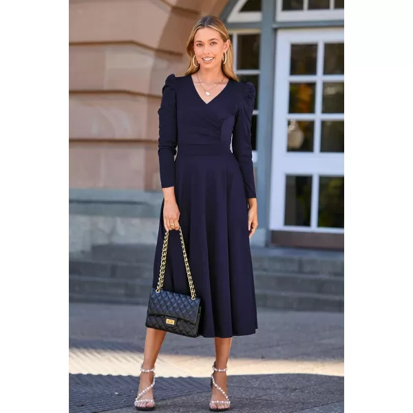 imagePRETTYGARDEN Womens 2023 Fall Midi Dress Puff Long Sleeve Wrap V Neck A Line Flowy Casual Elegant Cocktail Party DressesNavy