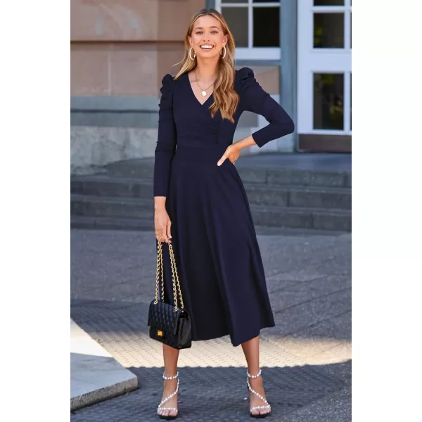 imagePRETTYGARDEN Womens 2023 Fall Midi Dress Puff Long Sleeve Wrap V Neck A Line Flowy Casual Elegant Cocktail Party DressesNavy