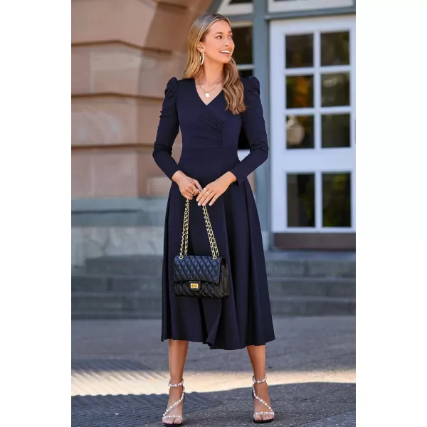 imagePRETTYGARDEN Womens 2023 Fall Midi Dress Puff Long Sleeve Wrap V Neck A Line Flowy Casual Elegant Cocktail Party DressesNavy