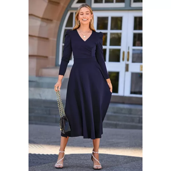 imagePRETTYGARDEN Womens 2023 Fall Midi Dress Puff Long Sleeve Wrap V Neck A Line Flowy Casual Elegant Cocktail Party DressesNavy