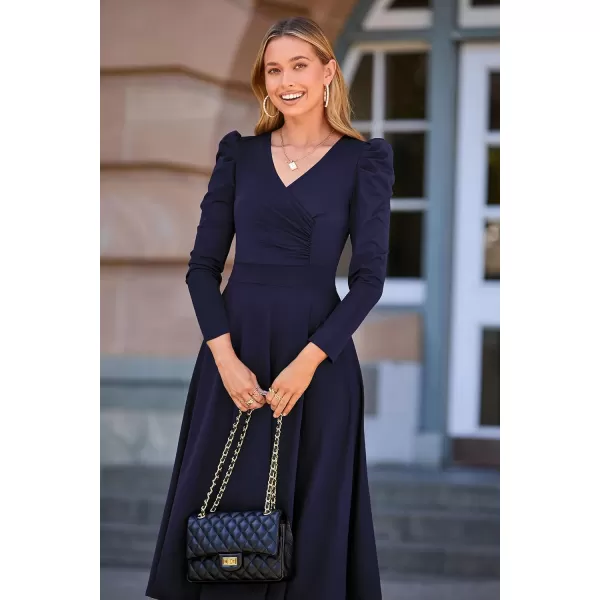 imagePRETTYGARDEN Womens 2023 Fall Midi Dress Puff Long Sleeve Wrap V Neck A Line Flowy Casual Elegant Cocktail Party DressesNavy