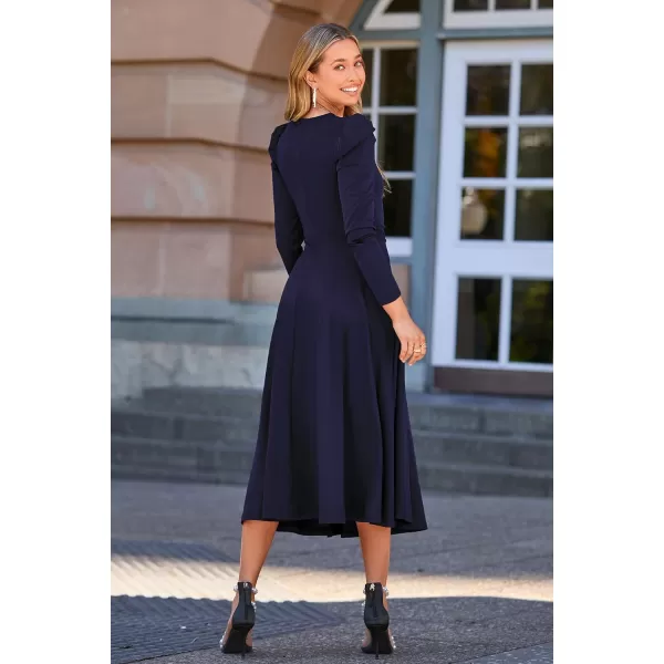 imagePRETTYGARDEN Womens 2023 Fall Midi Dress Puff Long Sleeve Wrap V Neck A Line Flowy Casual Elegant Cocktail Party DressesNavy