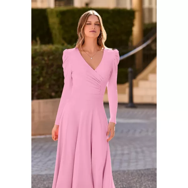 imagePRETTYGARDEN Womens 2023 Fall Midi Dress Puff Long Sleeve Wrap V Neck A Line Flowy Casual Elegant Cocktail Party DressesPink