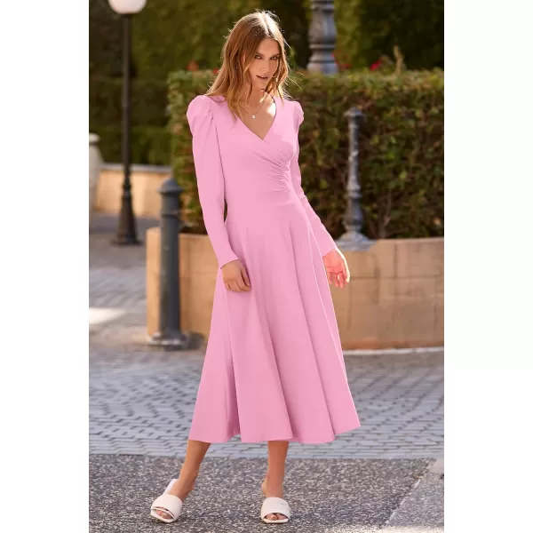 imagePRETTYGARDEN Womens 2023 Fall Midi Dress Puff Long Sleeve Wrap V Neck A Line Flowy Casual Elegant Cocktail Party DressesPink
