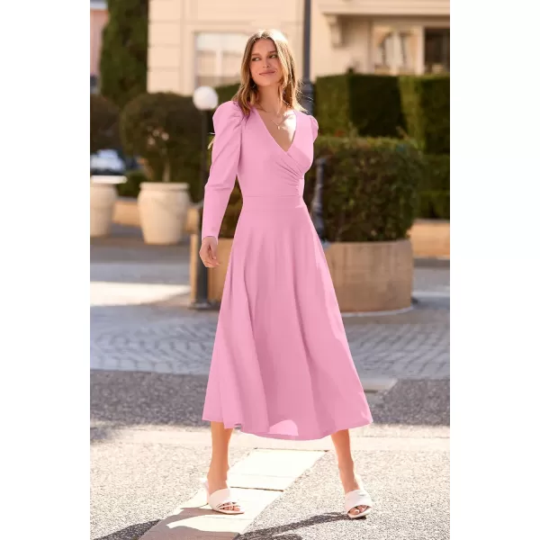 imagePRETTYGARDEN Womens 2023 Fall Midi Dress Puff Long Sleeve Wrap V Neck A Line Flowy Casual Elegant Cocktail Party DressesPink