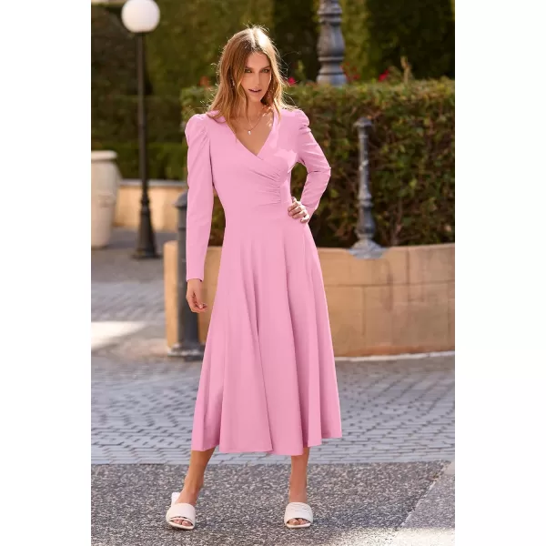 imagePRETTYGARDEN Womens 2023 Fall Midi Dress Puff Long Sleeve Wrap V Neck A Line Flowy Casual Elegant Cocktail Party DressesPink