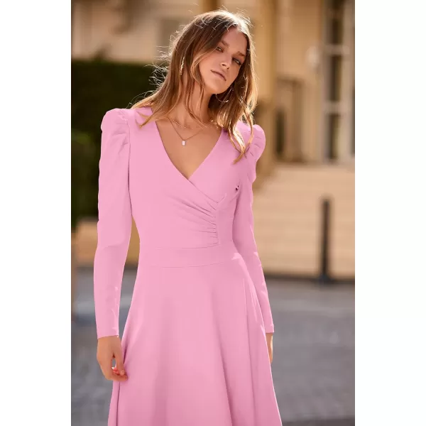 imagePRETTYGARDEN Womens 2023 Fall Midi Dress Puff Long Sleeve Wrap V Neck A Line Flowy Casual Elegant Cocktail Party DressesPink
