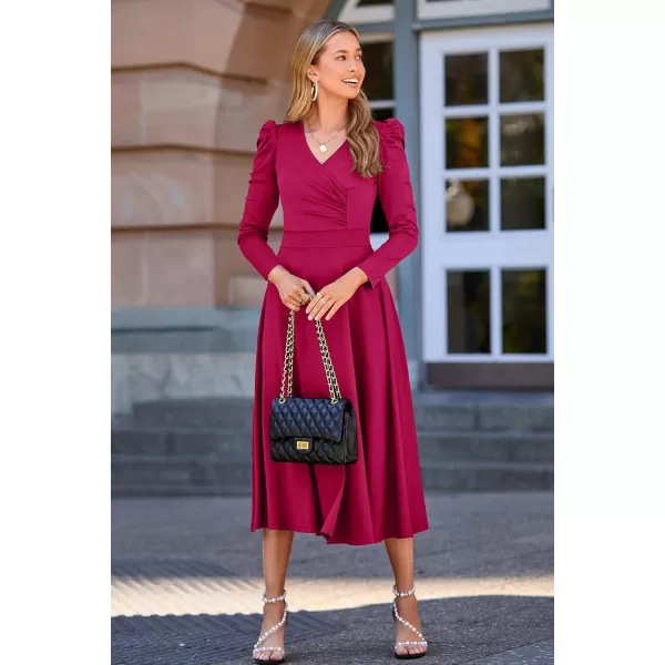imagePRETTYGARDEN Womens 2023 Fall Midi Dress Puff Long Sleeve Wrap V Neck A Line Flowy Casual Elegant Cocktail Party DressesRose Red